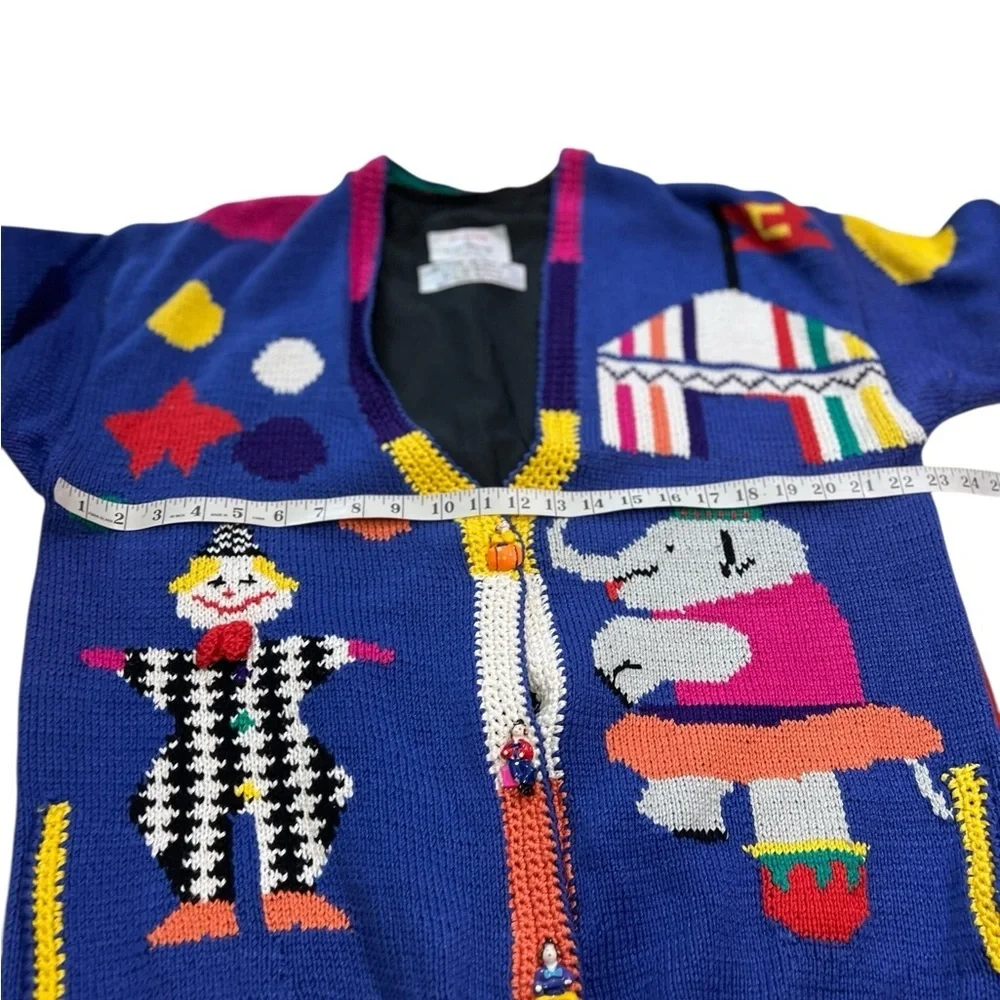 Vintage Circus Cardigan Cotton Tent Striped Clown Elephant Hand Knit Lined - Picture 11 of 14